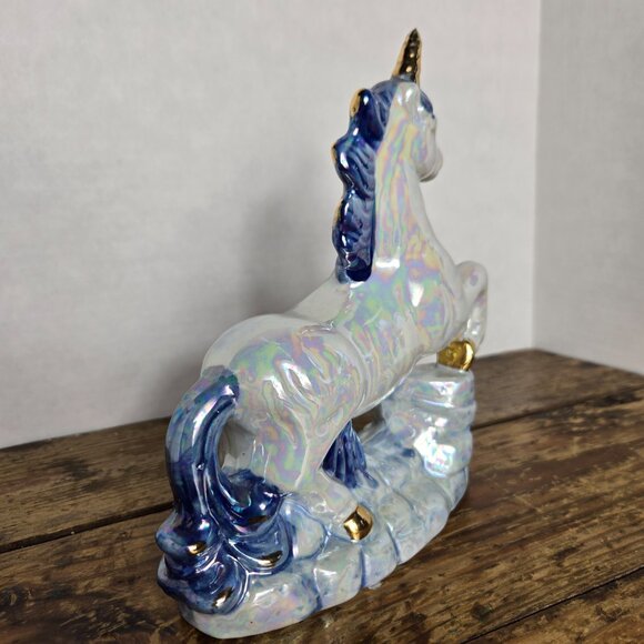 Mother of Pearl Blue & Gold Unicorn Ceramic Figurine 8.5" Height, 7" Length - Picture 3 of 3